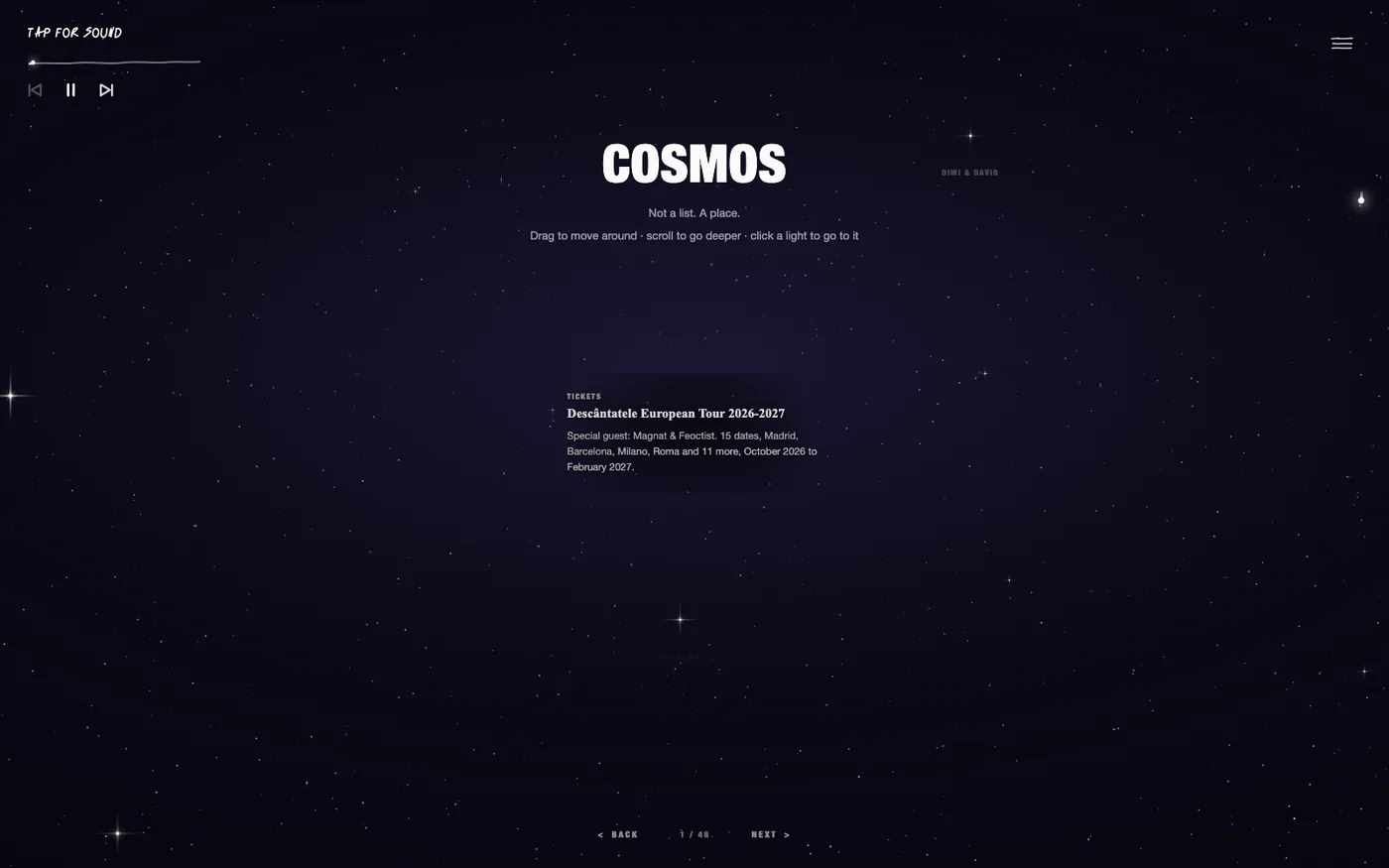 Pagina Cosmos: o hartă stelară prin care te plimbi, cu turneul într-una din lumini